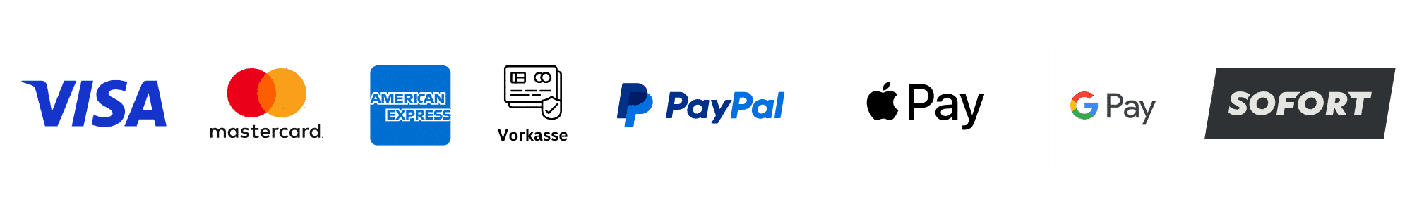 Unterstützte Zahlungsmethoden: Visa, Mastercard, American Express, Vorkasse, PayPal, Apple Pay, Google Pay und Sofortüberweisung