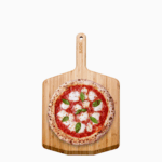 Ooni Bambus-Servierbrett mit neapolitanischer Margherita-Pizza – Mozzarella und Basilikum auf Bambus-Pizzaschieber